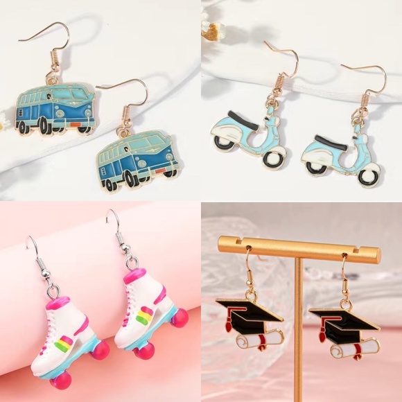New Cartoon Enamel Retro Bus, Motorcycle, Roller Skates, Graduation Cap Earrings - Picture 1 of 14